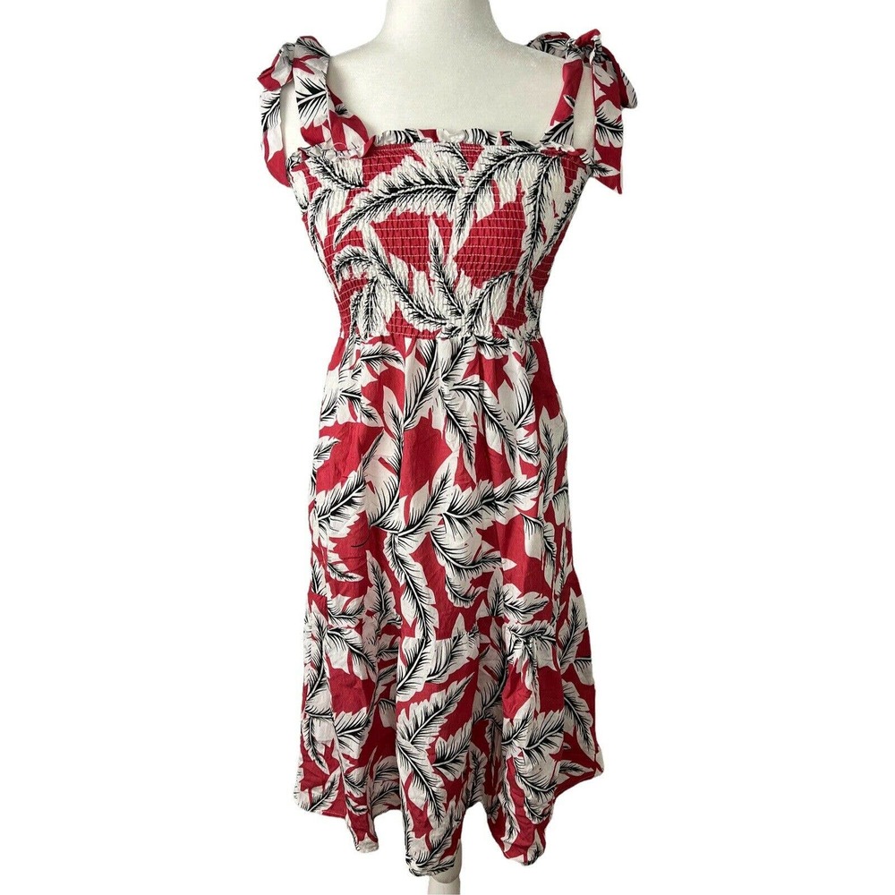 Daisy May Sz S Red Black White Leaf Print Smocked Bust Tiered Tie Midi Dress